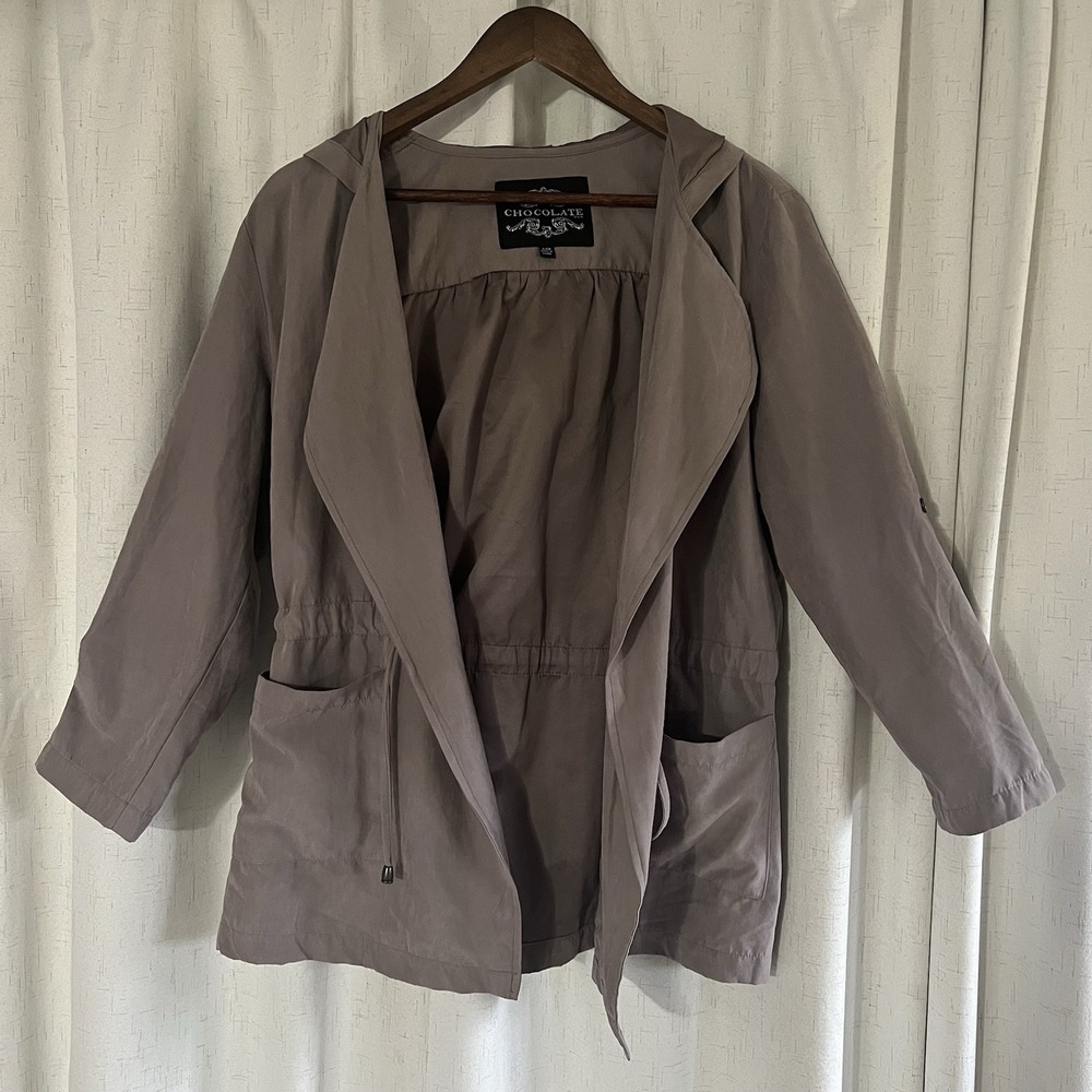 Chocolate Front Drawstring Hoodie Women Small Gray 3/4 Sleeve Button Roll Jacket